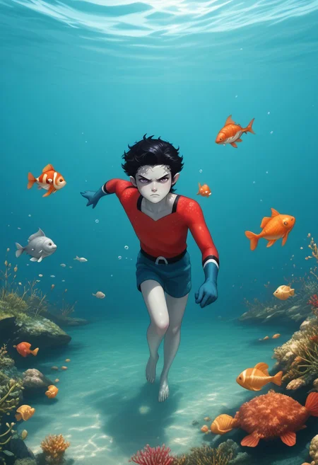 score_9, score_8_up, score_7_up, boy finds a six-pack plastic rings at the bottom of the sea, swims in the sea, annoyed expression, 1boy, Aqualad, Black Hair, Purple eyes, (((Year One, Grey Skin, Pointy Ears))) red scale shirt, blue gloves, blue shorts, barefoot, fully submerged, fish, water, masterpiece, school of fish, seaweeds, seashells, bubbles, light beams, light coming from above, best quality, ultra-detailed, studio photo, 8k cg wallpaper, Light sources around, fully illuminated body, white balance, more_details:1.5