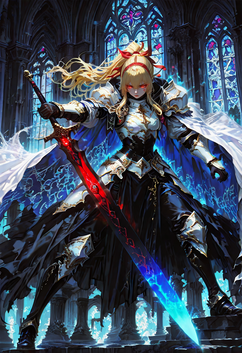 <lora:kaelaIL:0.55> kaelaIL, long hair, red eyes, (yellow hair:1.5), glowing eyes, red hairband, greatsword,
white armor, ponytail, black dress, white sleeves, red ribbon, black gloves, black boots, holding sword, glowing sword, blue glow, gothic architecture, stained glass window, cathedral, dynamic pose, action, fantasy, detailed background, intricate design, dramatic lighting, high contrast, dark colors, light blue accents, intricate patterns, flowing dress, fantasy setting, intense expression, powerful stance, ethereal atmosphere, detailed textures, vibrant colors illustrious style, holding, glowing weapon, blue theme, weapon, goth fashion, architecture, solo, hair ribbon, sword, gloves, ribbon, glowing, holding weapon,
A female character in a fantasy setting. she is wearing a black and white outfit with a cape that is flowing in the wind. the character has long blonde hair and red eyes, and is holding a sword in her right hand. she appears to be flying through the air with a determined expression on her face. the background of the image is filled with intricate patterns and designs in shades of blue, purple, and pink. there are also several large, ornate structures that appear to be made up of triangles and crystals. the structures are arranged in a way that creates a sense of depth and dimension, and they are overlapping each other, creating an illusion of depth. the overall effect is one of power and strength.
<lora:hina_MixArmor_x215c:1> fantasy armor, holy armor