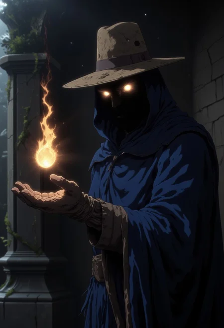 in the style of ck-ovf,, egmid, A mysterious figure cloaked in shadow. his face his entirely in a void of darkness except for two eerie yellow glowing eyes. he wears a large brimmed straw hat with a high pointy top. he is cloaked in midnight blue cloak and robe. his arm is outstretched with his gloved palm facing upwards. a ball of flame dances elegant mere inches from his hand.