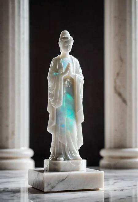 Fujifilm XT3, Sony A7 IV, (award winning photography) a (white: 0.89) marble simple stylized (figurine) made of opal (Kintsugi: 0.89) set on a pedestal in temple, glistening. in the background beautiful pillars, divine (iridescent: 0.79), opalescent textures, volumetric light, ethereal, sparkling, studio photo, highly detailed, sharp focus (highest quality: 1.39) (highest coherency: 1.39) (award winning photography), highly detailed photography, (muted colors, cinematic, dim colors, soothing tones:1.2), vibrant, insanely detailed, hyperdetailed, (dark shot:1.2), (vsco:0.3), (intricate details:0.9), (hdr, hyperdetailed:1.2) (vignette), sss, raw photo, fijifilm, kodak, cinematic film grain