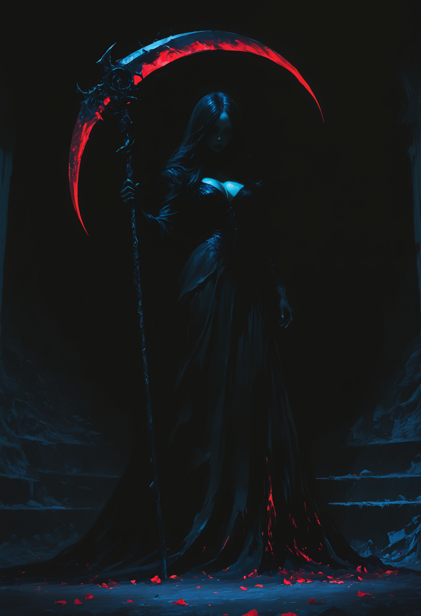 masterpiece, best quality, good quality, very awa, very aesthetic, absurdres, newest, 1girl, solo, long_hair, black_hair, dress, holding, cleavage, standing, weapon, black_dress, torn_clothes, petals, colored_skin, long_dress, scythe, torn_dress, holding_scythe, photo \(medium\), painterly, no lineart, blending, scenery, volumetric lighting, opill, 748cmstyle