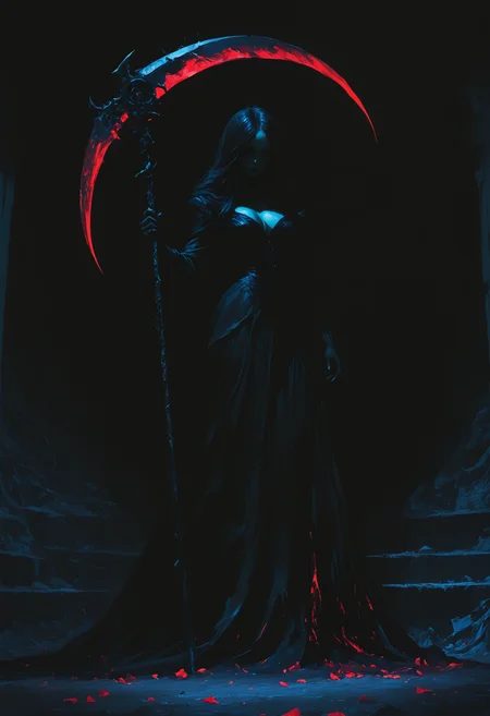 masterpiece, best quality, good quality, very awa, very aesthetic, absurdres, newest, 1girl, solo, long_hair, black_hair, dress, holding, cleavage, standing, weapon, black_dress, torn_clothes, petals, colored_skin, long_dress, scythe, torn_dress, holding_scythe, photo \(medium\), painterly, no lineart, blending, scenery, volumetric lighting, opill, 748cmstyle