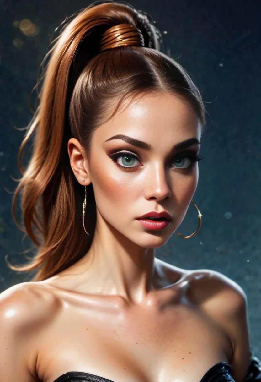 score_9, score_8_up, score_7_up, score_6_up, score_5_up, score_4_up score_9, score_8_up, score_7_up, headshot portrait, oilpaint,
BREAK
female, 27 years-old, copper penny hair color, Elegant cleavage, highponytail, top ponytail, sleek hair,
BREAK
zPDXL2  
zPDXLrl
<lora:gothic_oil_paint:0.5>
<lora:SDXL Lightning - 8 step LoRA:1>
<lora:Super_highhigh_ponytail_hair_Pony:0.8>