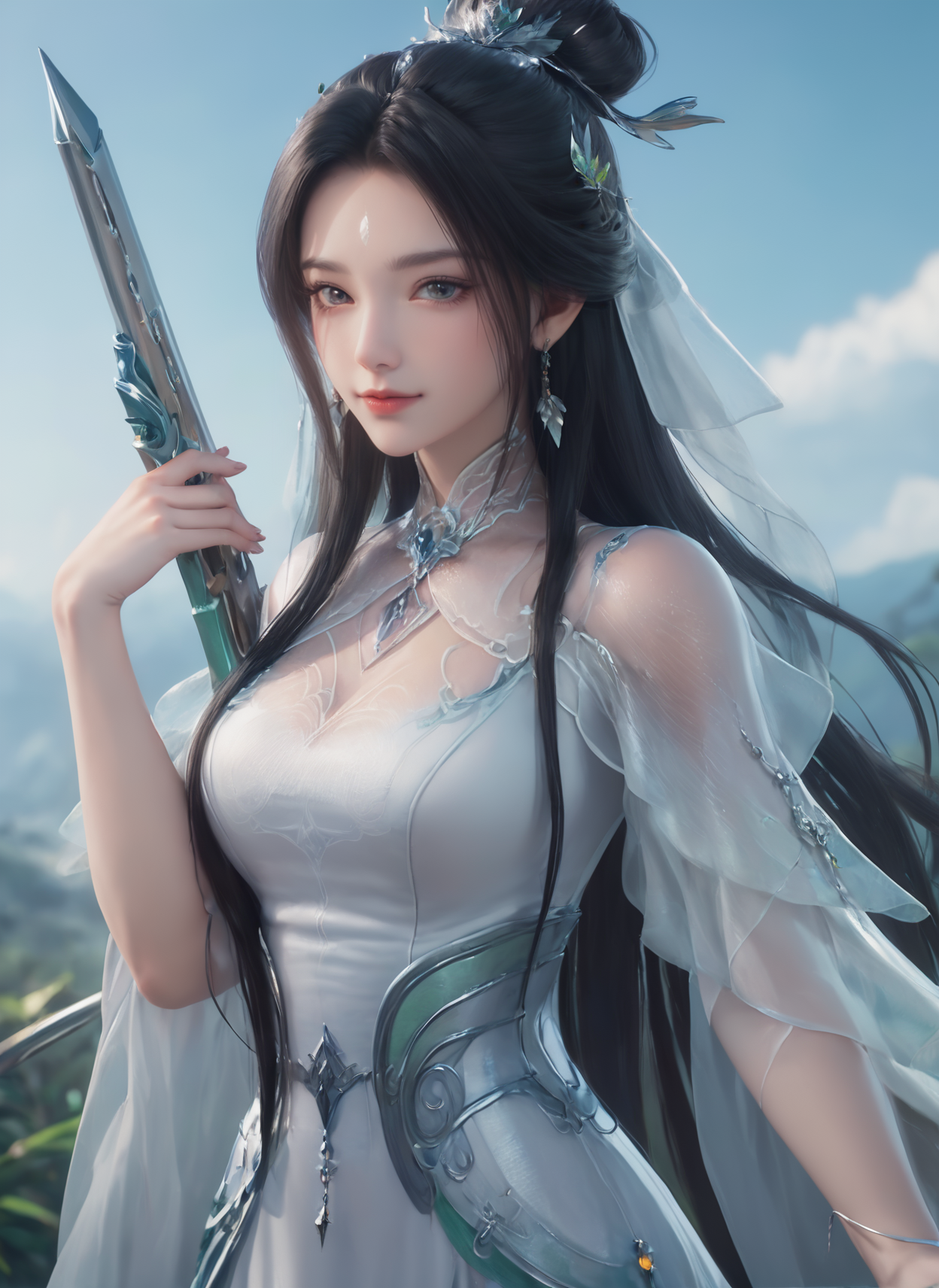 (cowboy_shot:1.4),ultra realistic 8k cg,picture-perfect face,flawless,clean,masterpiece,professional artwork,famous artwork,cinematic lighting,cinematic bloom,perfect face,beautiful face,beautiful eyes,fantasy,dreamlike,unreal,science fiction,absurdly long hair,very long hair,(rich:1.4),detail,delicate pattern,charming,alluring,seductive,erotic,enchanting,hair ornament,looking at viewer,sexy,charming,alluring,seductive,
<lora:luxueqi_V1-000008:1>,1girl,black hair,white dress,dress,earrings,facial mark,forehead mark,green dress,hair bun,hair ornament,jewelry,long hair,single hair bun,solo,weapon,smile,