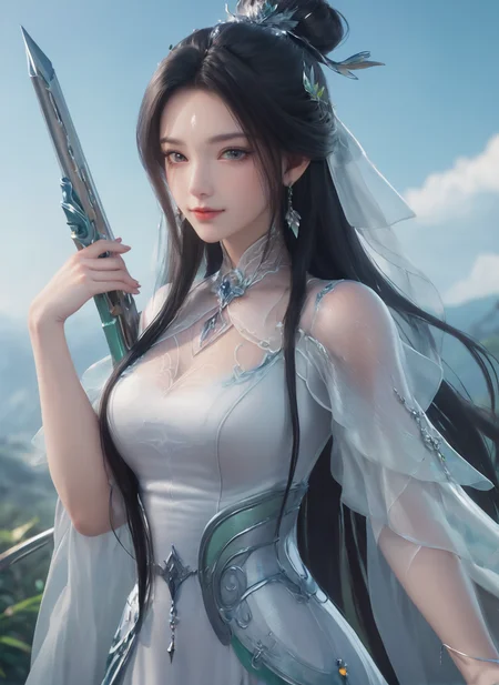 (cowboy_shot:1.4),ultra realistic 8k cg,picture-perfect face,flawless,clean,masterpiece,professional artwork,famous artwork,cinematic lighting,cinematic bloom,perfect face,beautiful face,beautiful eyes,fantasy,dreamlike,unreal,science fiction,absurdly long hair,very long hair,(rich:1.4),detail,delicate pattern,charming,alluring,seductive,erotic,enchanting,hair ornament,looking at viewer,sexy,charming,alluring,seductive,
<lora:luxueqi_V1-000008:1>,1girl,black hair,white dress,dress,earrings,facial mark,forehead mark,green dress,hair bun,hair ornament,jewelry,long hair,single hair bun,solo,weapon,smile,