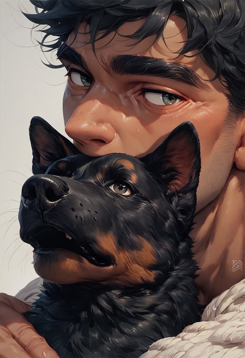 score_9, score_8_up, score_7_up, score_6_up, score_5_up, animalclose-up, 1man and a black dog, the boy has black hair and dark skin,