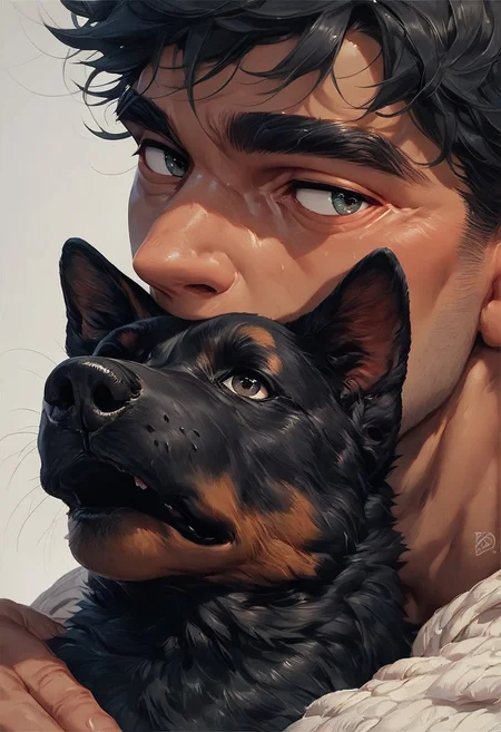 score_9, score_8_up, score_7_up, score_6_up, score_5_up, animalclose-up, 1man and a black dog, the boy has black hair and dark skin,
