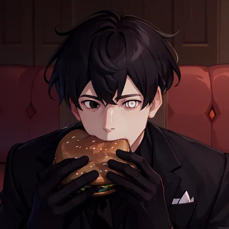 score_9, score_8_up, score_7_up, score_6_up, source_anime BREAK male focus, <lora:jermawhopper-pdxl-nvwls-v1-000005:1> jermaWhopper, eating, burger, looking at you, upper body <lora:oc_justtnp_ponyXL:1> justtnp, black hair, heterochromia, black eyes, white eyes, formal, black jacket, black vest, black necktie, black gloves