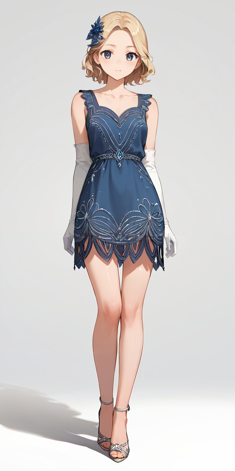 score_9, score_8_up, score_7_up,source_anime, high res image,masterpiece,best quality,girl,cute face,clear skin,shiny hair,ultra detailed eyes,simple background,  <lora:1920s flapper dress_pony_V1.1:0.8> flapper dress, high heels, elbow gloves, sleeveless,make up