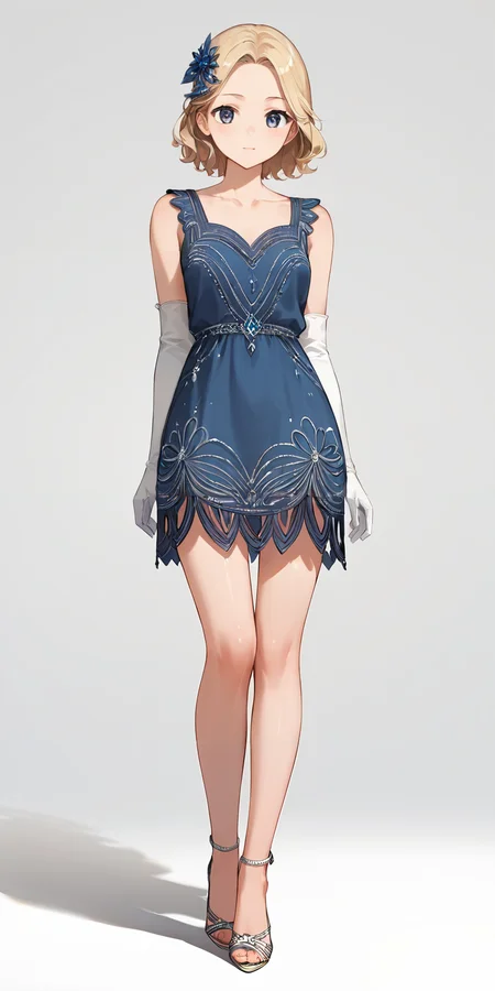 score_9, score_8_up, score_7_up,source_anime, high res image,masterpiece,best quality,girl,cute face,clear skin,shiny hair,ultra detailed eyes,simple background, <lora:1920s flapper dress_pony_V1.1:0.8> flapper dress, high heels, elbow gloves, sleeveless,make up