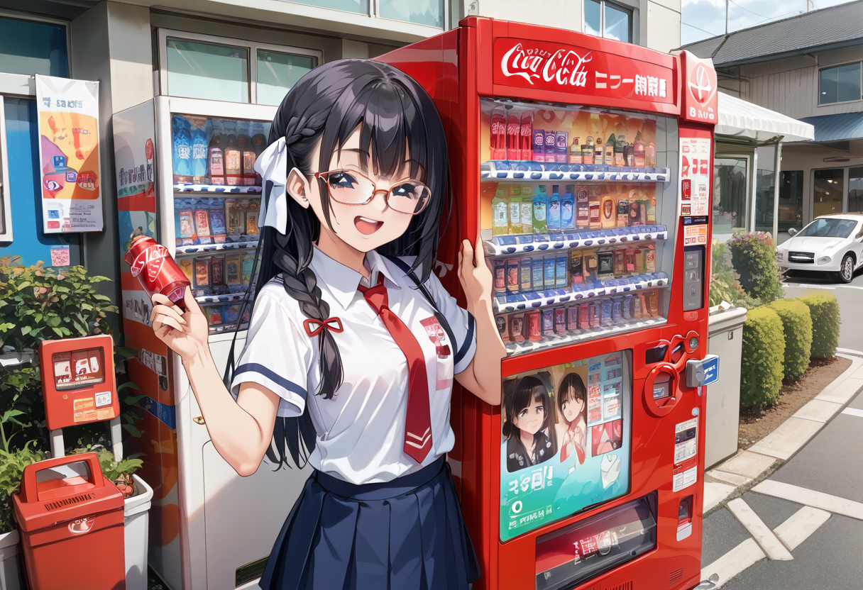 score_9, score_8_up, score_7_up, rating_safe, masterpiece, best quality, absurdres, unity 8k wallpaper, official art, official style, source_anime, uncensored, game cg, megami magazine,
1girl, solo, glasses, black hair, long hair, braid, hair ribbon, collared shirt, red necktie, short sleeves, pleated skirt, blue skirt, looking at viewer, blush, laughing, 
vending machine, outdoors, building, plant, road, day, coca-cola, utility pole
 <lora:jihanki_PONY_V1:1>