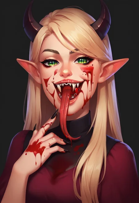 score_9, score_8_up, score_7_up, casual game art style, casual game art, mobile game art, merge 3 game art, character design, cascart, 1girl, solo, very long hair, red hair, looking at viewer, smug, one eyebrow raised, bangs, green eyes, slit pupils, black horns, open mouth, blood on teeth, fangs, tongue, tongue out, (forked tongue:1.5), fingernails, black nails, blood on hands, blood on face, blood on tongue, dripping blood, long fingernails, sharp fingernails, pointy ears, (single hand up, licking own finger), black regal dress, portrait, simple background, black background