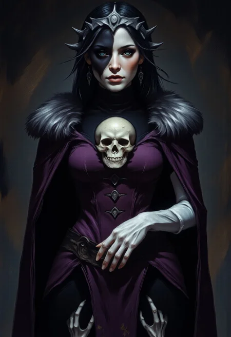 Hel, the Norse Goddess of Death, is a haunting figure, embodying both life and decay. Her long hair cascades down her back, split perfectly—one side as dark as a moonless night, the other as pale as lifeless bone. This stark contrast mirrors her dual existence, ruling over the dead yet tethered to the living.
Her regal attire is woven from deep violet and black fabrics, adorned with skeletal motifs and cold iron embellishments. A heavy, fur-lined cloak drapes over her shoulders, exuding both nobility and dread. The corset-like bodice clings to her frame, reinforced with sharp, ivory-colored ribs, while a skull-shaped belt buckle marks her dominion.
Her face is a tale of two realms—one side smooth, with dark eyes lined in kohl, her lips black as night. The other is grotesque, rotting away to expose cracked bone and blackened veins, a chilling reminder of death’s inevitability. Upon her brow sits a jagged crown, twisted and worn, a mark of her eternal reign.
In one hand, she cradles a pale, cracked skull, while the other reaches forward, fingers curled as if summoning the souls of the fallen. Beneath her, skeletal hands claw their way from the abyss, drawn to her presence. Her aura is cold, merciless, and inescapable—Hel, the Queen of the Dead, forever straddling the boundary between the living and the lost.