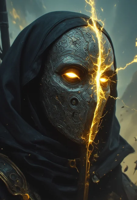 An extreme close-up of the nun’s face, framed by the intense, gritty realism of an old analog camera. The mechanical hknuns nun wears a detailed, ancient silver mask, its surface weathered and battle-scarred, yet intricately adorned with delicate engravings. The mask reflects the faint glow of divine energy, with radiant golden and white light flickering across its surface, highlighting every crevice and contour. Light shimmers and dances along the metallic surface, casting sharp contrasts between the glowing highlights and the deep shadows that fill the engraved details.
The eyes of the mask are hollow and eerie, yet there’s an ethereal light faintly pulsing from within, suggesting a divine power concealed behind the cold steel. Around her, the chaotic swirl of a dense, raging sandstorm blurs the edges of the image, creating an atmosphere of both serenity and violence. The violent storm is reflected in the shiny mask, capturing the dark, swirling sands while beams of holy light flicker from her weapon, illuminating her haunting presence in the middle of the storm.