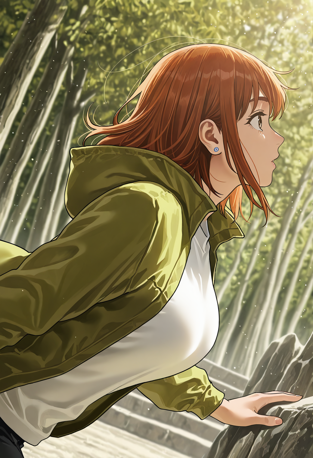 <lora:Kusano_Shizuku_Futari_Solo_Camp:1>,
1girl,ksh1zku,orange_ksh1zku_hair,brown_ksh1zku_eyes,female focus,earrings,medium hair,large breasts,brown eyes,
from side, profile, looking afar, leaning forward, white shirt, green jacket,hood down,
masterpiece,best quality,newest,absurdres,depth of field,anime screencap,detailed background,subsurface scattering,realistic shading,volumetric lighting,natural lighting,light particles,intricate details,good quality,very awa,highres,perfect proportions,perfect eyes BREAK
visual effects,shadow dutch angle,dynamic angle,dynamic action,atmospheric perspective,cinematic,intricately detailed illustration,amazing quality,very aesthetic BREAK