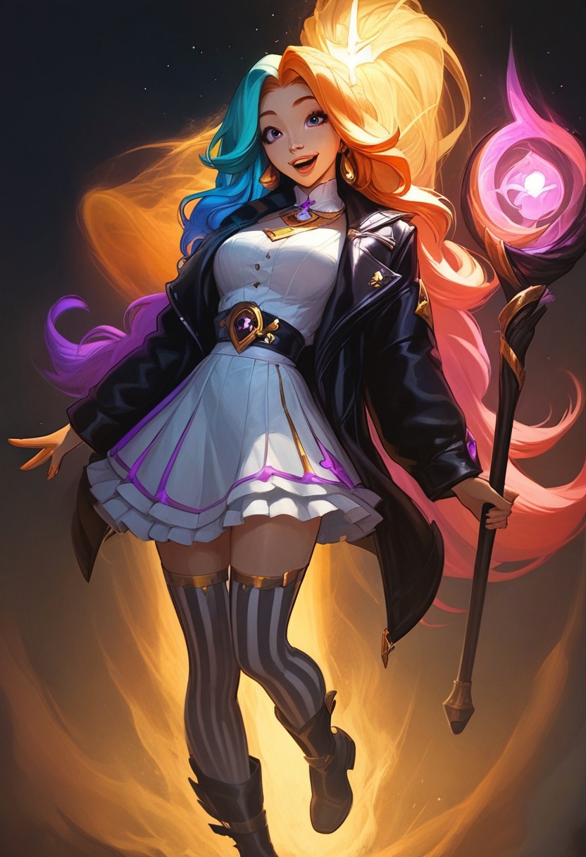 l0lspl4sh, score_9, score_8_up, score_8_up, godrays, bright and light, 1girl, cute girl, happy, cute smile, medium breasts, (18 yo, long rainbow hair, long hair, parted bangs, black waist coat, white blouse, white collar, white skirt, black and white horizontal striped thigh high socks, black ankle boots, gold magic staff), glowing, tilted head, west studio, luscious lips, joyful,