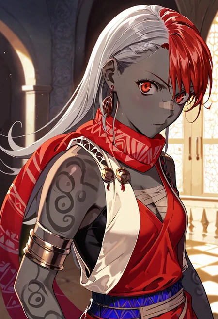 score_9, score_8_up, score_7_up,
indoors background, detailed face, detailed hands, detailed clothing,
BREAK
source_anime, country of ethiopia, ethiopian castle, throne room,
BREAK
1girl, ((black skin)), frowning, grey hair, red hair, multicolored hair, long hair, curly hair, gradient hair, red eyes, dynamic pose, african tribal outfit, red long skirt with tribal motif, medium breasts, bandaged chest, leopard skin motif, leopard skin bandage, earrings, (jacket on shoulders), ethiopian motif, leopard skin scarf, creative front angle, looking at viewer, upper body focus, somewhat modest clothing, solo,