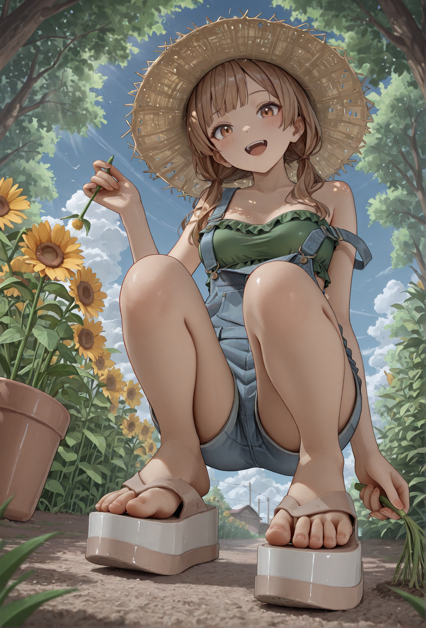 masterpiece, best quality, 
(mlsa flip flops), (platform footwear:1.2), green footwear,
low angle, foot focus,
1girl, 
squatting,
straw hat, gardening, outdoors, dappled sunlight,
short denim overalls, strap slip, green frilled bandeau top,
medium breasts, 
happy, cute face,