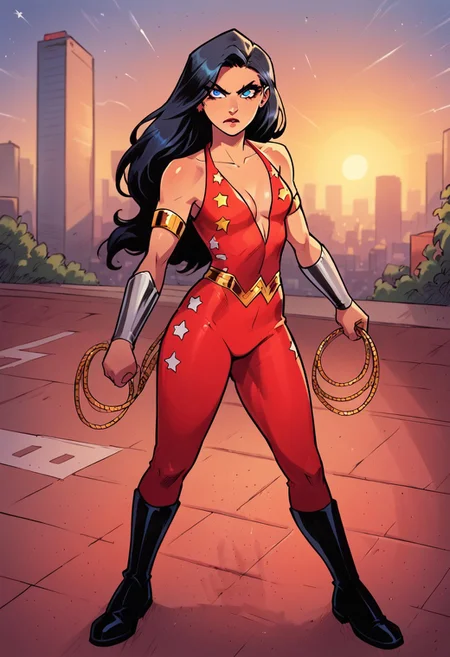 1girl, score_9, score_8_up, score_7_up, western cartoon, natural lighting, sunny, very detailed, depth of field, cinematic illumination, volumetric lighting, full color picture, vibrant colors, long hair, black hair, gold belt, makeup, looking at viewer, looking forward, star pattern, gold armband, red suit, silver bracers, full body, black boots, facing forward, looking at viewer, high quality, blue eyes, serious expression, action pose, holding big lasso in right hand, left hand empty, city center, beautiful face, very detailed face, alone, solo, no shield, slight cleavage, full body,