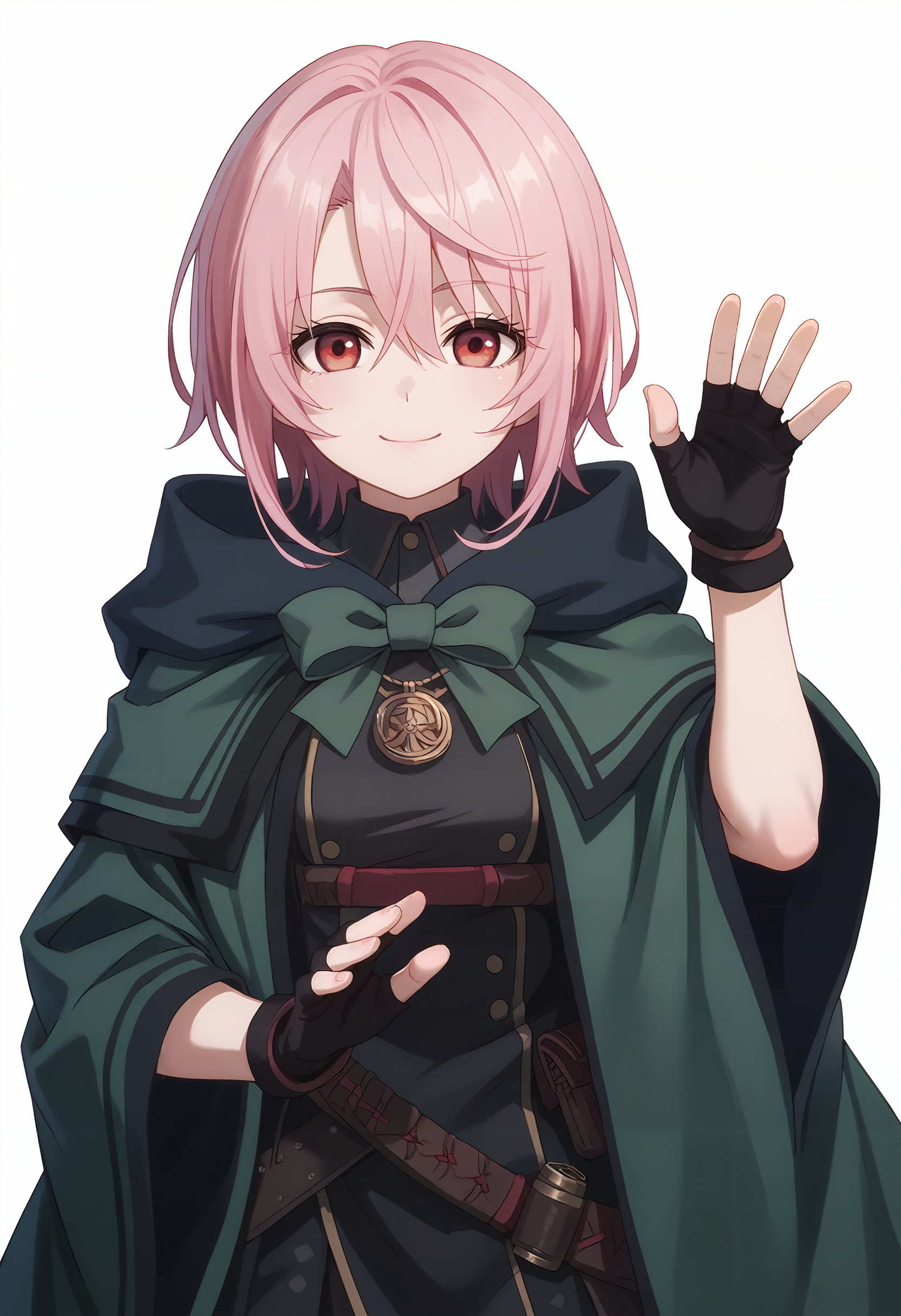 score_9_up,score_8_up,score_7_up,<lora:TL_XTL_v1.0_PONY-000034:1>,
TL_XTL,1girl,solo,smile,fingerless gloves,pink hair,looking at viewer,gloves,short hair,bow,black gloves,closed mouth,red eyes,green cloak,waving,simple_background,white_background,cowboy_shot