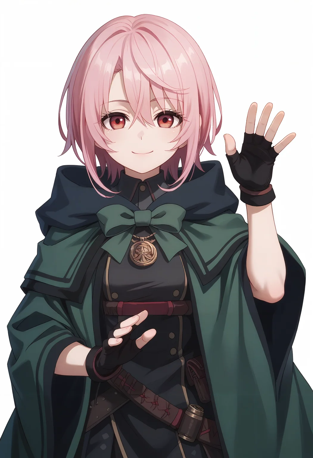score_9_up,score_8_up,score_7_up,<lora:TL_XTL_v1.0_PONY-000034:1>,
TL_XTL,1girl,solo,smile,fingerless gloves,pink hair,looking at viewer,gloves,short hair,bow,black gloves,closed mouth,red eyes,green cloak,waving,simple_background,white_background,cowboy_shot