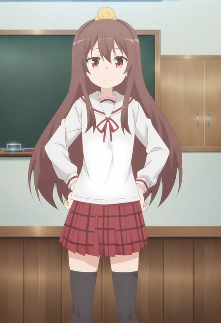 score_9, score_8_up, score_7_up, score_6_up, score_5_up, score_4_up , anime coloring ,BREAK source_anime, anime,screencap,
1girl, solo, yuzuy, school shirt, school uniform, black thighhighs, red skirt, shirt ribbon, head ornament, black hairband <lora:PonyXL Yuzu Yukimoto V1:1>
indoors, both hands on hips, standing,
smile, looking at viewer,