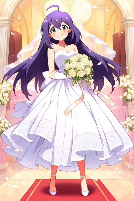 masterpiece,best quality,very aesthetic,absurdres,highres,newest,official art,official style,
1girl,solo,
mochizuki anna,purple hair,green eyes,ahoge,
wedding dress,wedding band,white dress,white gloves,
<lora:eye_focus_illus:1>,eye_focus,
standing,full body,
<lora:idolmaster_mochizuki_anna_ill_v1.0:1>,