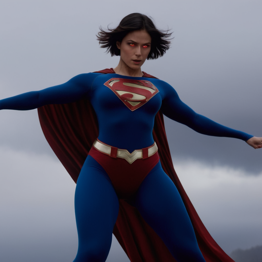 cinematic film still of  <lora:Superman v3:1>
supergirl a man in a superman costume flying through the air,1girl,solo,nude breasts,short hair,large breasts,black hair,red eyes,navel,full body,sky,cloud,cape,torn clothes,bodysuit,muscular,glowing,abs,cloudy sky,clenched hand,genderswap,glowing eyes,genderswap (mtf),clenched hands,muscular female,red cape,electricity,superhero,lightning, shallow depth of field, vignette, highly detailed, high budget, bokeh, cinemascope, moody, epic, gorgeous, film grain, grainy