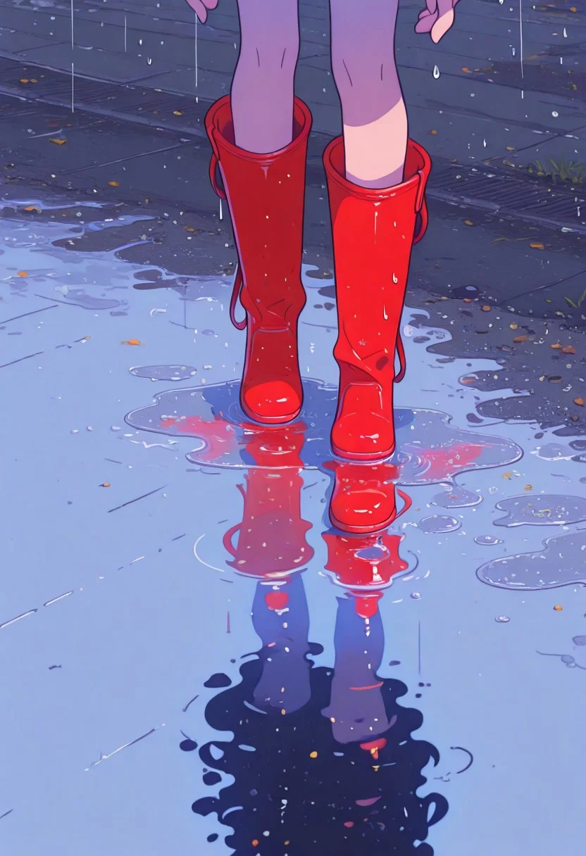masterpiece, best quality, absurdres, 1girl, solo, red rain boots, calves, puddle, reflection, from above, raindrops, gravel, asphalt, Flat vector illustration, boot focus, close to viewer, h4ra_illu, momosp