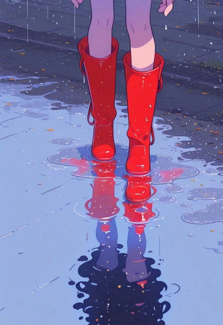 masterpiece, best quality, absurdres, 1girl, solo, red rain boots, calves, puddle, reflection, from above, raindrops, gravel, asphalt, Flat vector illustration, boot focus, close to viewer, h4ra_illu, momosp