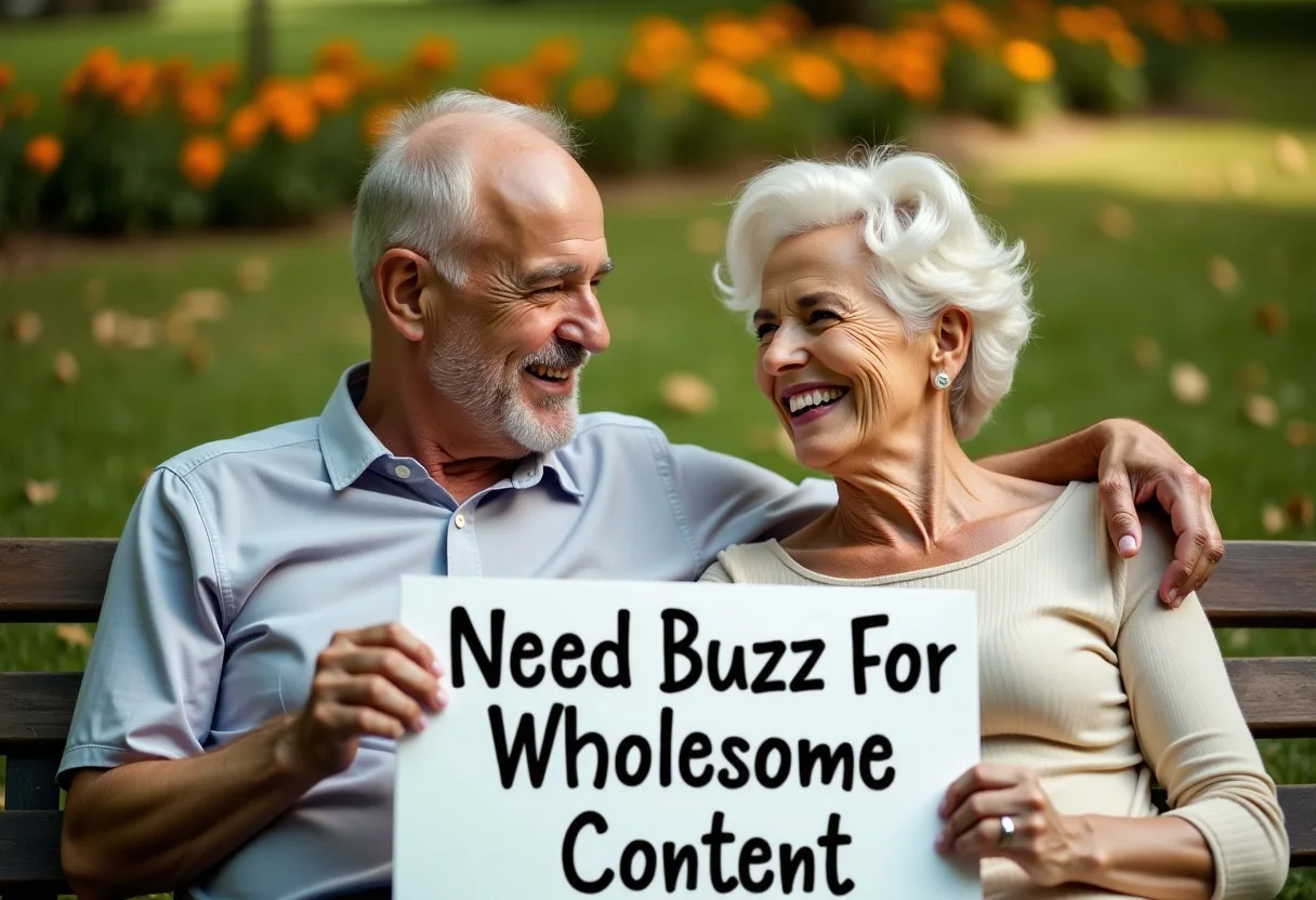 White man and white woman on a park bench, weathered wrinkled faces, warm gentle smile creasing faces, resting lightly on each other's arms, soft relaxed facial expressions radiating contentment, background of lush greenery vibrant flowers tranquil atmosphere, scattered leaves, holding a sign saying "Need Buzz For Wholesome Content"
