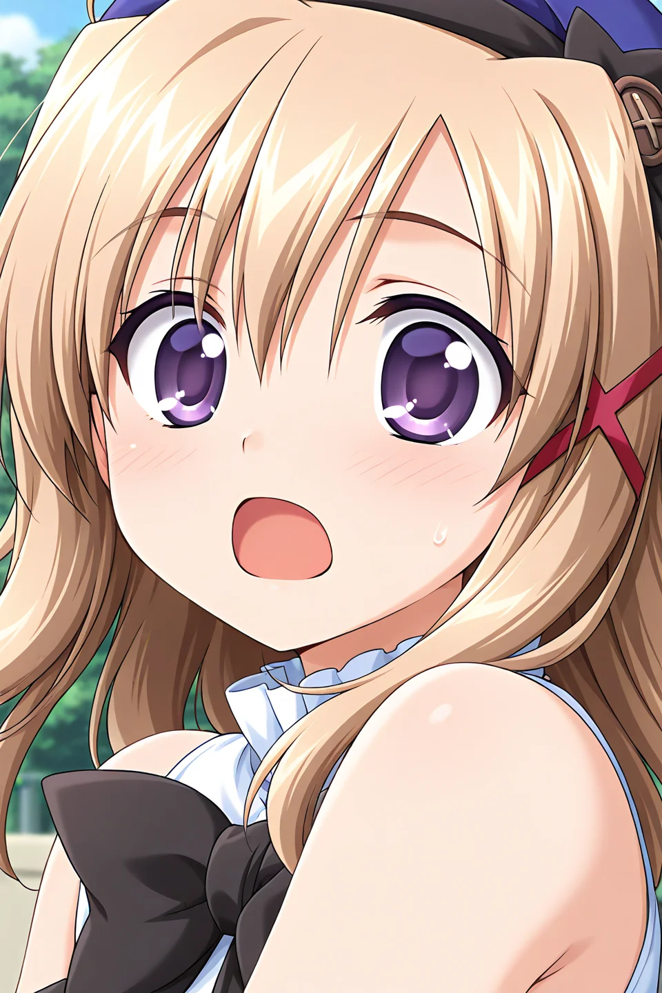 masterpiece, best quality, absurdres, official art, official style, general BREAK <lora:komatsuasuka_IL_v1-2:0.7>, komatsu asuka, 1girl, solo, purple eyes, light brown hair, long hair, hair between eyes, messy hair, x hair ornament, school uniform, beret, blue headwear, hat ribbon, black ribbon, sleeveless shirt, frilled shirt collar, bare arms, black bowtie, white sleeveless, upper body, close-up, portrait, outdoors, day,
blush, :o, bare shoulders, looking at viewer, open mouth, surprised, wide-eyed