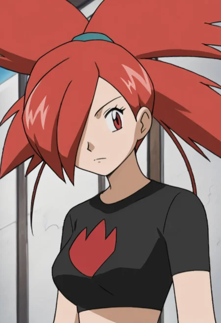 solo, PMFlannery, red eyes, red hair, bangs, hair over one eye, ponytail, hair tie, breasts, crop top, black shirt, short sleeves