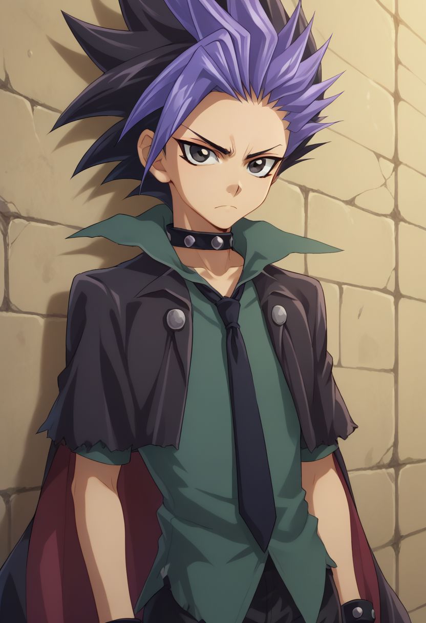 score_9, score_8_up, score_7_up, source_anime, highly detailed, 
yuto, 1boy, male focus, solo, black hair, spiked hair, multicolored hair, necktie, shirt, looking at viewer, black eyes, purple hair, upper body, collar, dyed bangs,
frown, black hair, two-tone hair, choker, bangs, coat, thorn clothes
outdoor, wall, cracks,