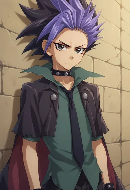 score_9, score_8_up, score_7_up, source_anime, highly detailed,
yuto, 1boy, male focus, solo, black hair, spiked hair, multicolored hair, necktie, shirt, looking at viewer, black eyes, purple hair, upper body, collar, dyed bangs,
frown, black hair, two-tone hair, choker, bangs, coat, thorn clothes
outdoor, wall, cracks,