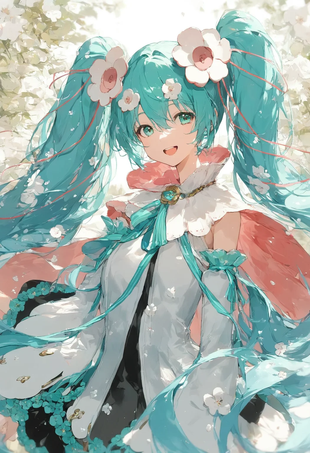 score_9,score_8_up,score_7_up,,source_anime BREAK, upper body , 1girl, solo,looking at viewer,, MHM21, hatsune miku, hair ornament, flower, twintails, magical mirai miku, long hair, detached sleeves, open mouth, aqua hair, smile, very long hair, wide sleeves, medallion, white sleeves, aqua ribbon, aqua eyes, cape, hair between eyes, white flower<lora:ãã¸ã«ã«ãã©ã¤2021:1>