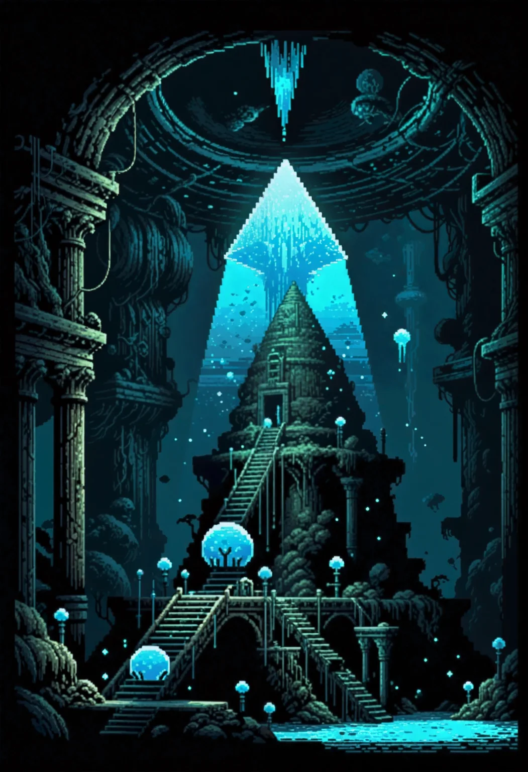 artmix06.  A 16-bit minimalist pixel-art sprite featuring an underwater view of a scifi crystal dome structure with tubes of bioluminescent light reaching in all directions, with a pyramidal structure deep underwater, surrounded by the glowing ruins of an ancient civilization. The light setting is accentuated by a grim tension. The pixel-art sprite's style is low-res, blocky and pixelated, featuring dithering techniques and pixel perfect design. The color concept is defined by limited tones contrasting starkly against each other.   <lora:dmd2_sdxl_4step_lora> <lora:xl_artmix06>