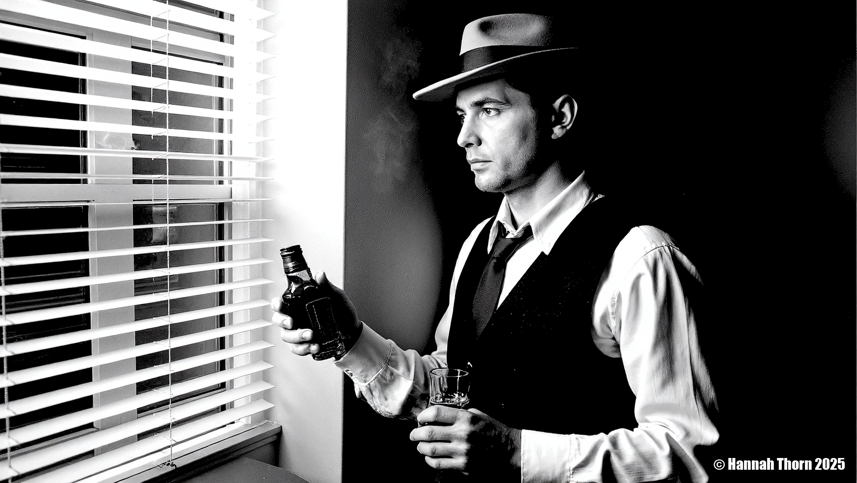 A solitary, brooding man in his mid-30s, dressed in a classic fedora, crisp shirt, and tailored vest, holds a whiskey glass and bottle, his hardened gaze fixed contemplatively through stark Venetian blinds. The scene is imbued with the dramatic chiaroscuro of Caravaggio and the gritty realism of John Alton's film noir cinematography. Captured with a vintage medium format camera, 80mm f/2.8 lens, low-angle perspective. Intense, directional key light slices through the blinds, casting sharp horizontal shadows across his face and attire, complemented by a soft, hazy rim light from the upper right, revealing subtle atmospheric smoke. Composition employs strong diagonal leading lines and off-center subject placement, enhanced by deep black and white conversion, fine film grain, subtle vignetting, and high-contrast post-processing for a timeless, realistic noir aesthetic.<lora:_Flux\_Film-Retro\Film_Noir.safetensors:0.8000000000000002:0.8000000000000002>