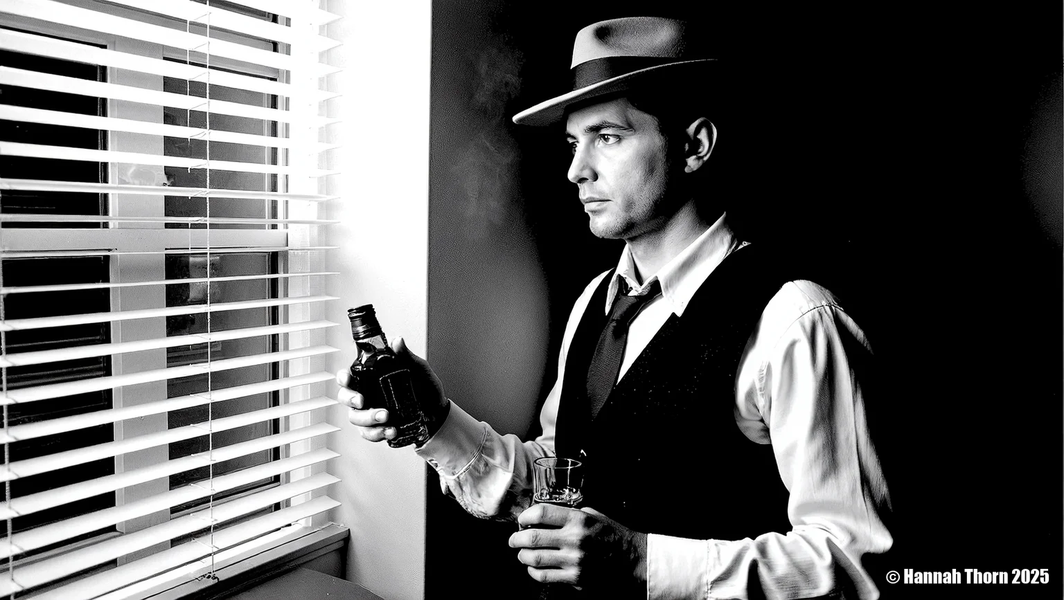 A solitary, brooding man in his mid-30s, dressed in a classic fedora, crisp shirt, and tailored vest, holds a whiskey glass and bottle, his hardened gaze fixed contemplatively through stark Venetian blinds. The scene is imbued with the dramatic chiaroscuro of Caravaggio and the gritty realism of John Alton's film noir cinematography. Captured with a vintage medium format camera, 80mm f/2.8 lens, low-angle perspective. Intense, directional key light slices through the blinds, casting sharp horizontal shadows across his face and attire, complemented by a soft, hazy rim light from the upper right, revealing subtle atmospheric smoke. Composition employs strong diagonal leading lines and off-center subject placement, enhanced by deep black and white conversion, fine film grain, subtle vignetting, and high-contrast post-processing for a timeless, realistic noir aesthetic.<lora:_Flux\_Film-Retro\Film_Noir.safetensors:0.8000000000000002:0.8000000000000002>