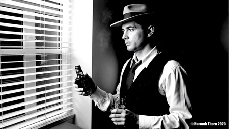 A solitary, brooding man in his mid-30s, dressed in a classic fedora, crisp shirt, and tailored vest, holds a whiskey glass and bottle, his hardened gaze fixed contemplatively through stark Venetian blinds. The scene is imbued with the dramatic chiaroscuro of Caravaggio and the gritty realism of John Alton's film noir cinematography. Captured with a vintage medium format camera, 80mm f/2.8 lens, low-angle perspective. Intense, directional key light slices through the blinds, casting sharp horizontal shadows across his face and attire, complemented by a soft, hazy rim light from the upper right, revealing subtle atmospheric smoke. Composition employs strong diagonal leading lines and off-center subject placement, enhanced by deep black and white conversion, fine film grain, subtle vignetting, and high-contrast post-processing for a timeless, realistic noir aesthetic.<lora:_Flux\_Film-Retro\Film_Noir.safetensors:0.8000000000000002:0.8000000000000002>