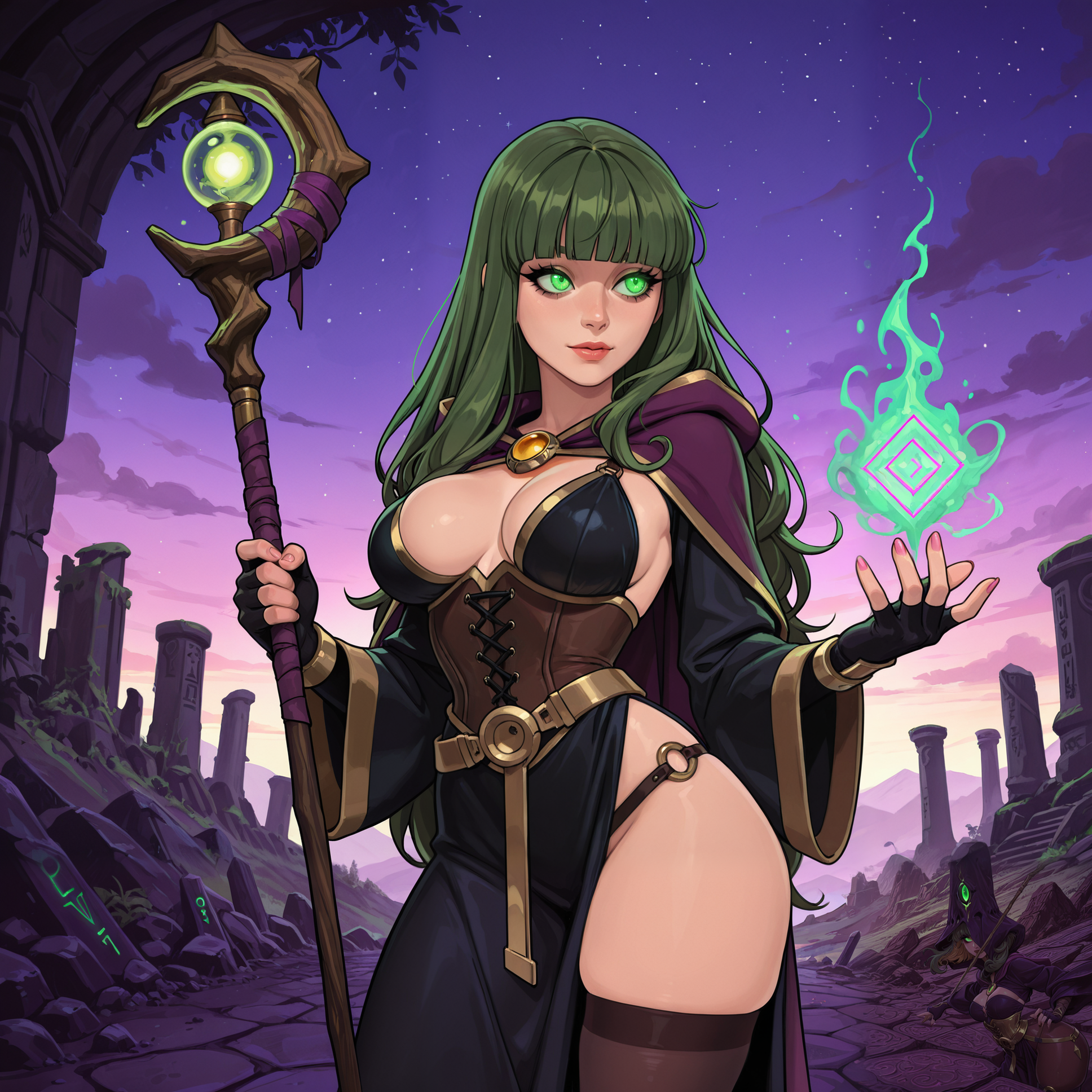 2d, very awa, absurdres,

masterpiece, best quality, highres,

eye contact:1.15, facing viewer:1.25, cowboy shot, pinup pose, sexy pose,

BREAK

1girl, solo, female mage, sorceress, ((thick bangs)), ((long layered hair)), glowing eyes, long eyelashes, soft round face, elegant features, __natural_skin_tones__, __natural_eye_color__, __natural_hair_color__, __randomized_hair_style__, __breast_size__,

slender curvy figure, small waist, wide hips, hourglass silhouette, graceful posture, magical aura surrounding hands, subtle skindentation,

BREAK

deep purple and gold-trimmed robe with high slit, revealing enchanted corset, thigh-high stockings with arcane glyphs, golden belt with gemstone center, sheer cape flowing behind, fingerless gloves glowing with spell runes, staff strapped to back,

BREAK

detailed background, detailed scenery, outdoors, mystical mountain ruins under a twilight sky, glowing magical symbols on stone structures, swirling arcane energy in the air.