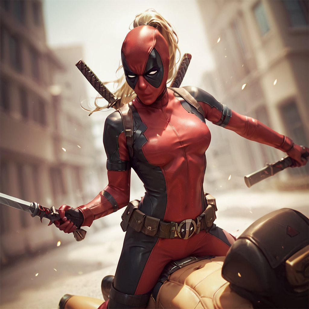 score_9, score_8_up, score_7_up, score_6_up, score_5_up, score_4_up, source_anime,  LadyDeadpool, bodysuit, no mouth, riding motor cycle