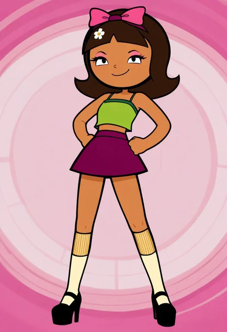 masterpiece, best quality, very aesthetic, absurdres, solo, 1girl,
Wordgirl, dark-skinned female, brown hair, bob cut, black eyes,
purple hairband, green cropped top, purple skirt, yellow socks, kneehighs, black platform high heels,
white flowers abstract background, fullbody, smile, cartoon style, long eyelashes, mascara , big eyes, (((giant pink bow on hair))), smug face, spaghetti strap cami top, no sleeves, pink eyeshadow,mini short skirt, (((small waist))),hourglass body, posing, dynamic view, random view, black dot eyes,