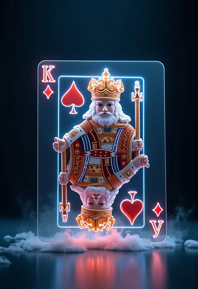 Crea una imagen de la carta del Rey de Corazones de la baraja americana convertida en un holograma 3D fascinante. El Rey parece cobrar vida, atravesando los límites de la carta mientras flota en el aire. Su corona, capa y espada resplandecen con tonos de neón, emitiendo destellos futuristas que difuminan la barrera entre lo digital y lo físico. La carta se transforma en una experiencia visual envolvente, invitándote a un universo donde tecnología y magia convergen en perfecta armonía. Este holograma, pensado para espacios de innovación y creatividad, se despliega en una atmósfera llena de sorpresas y asombro, atrapando la atención de todos.