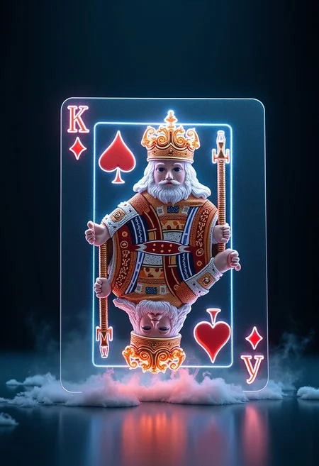 Crea una imagen de la carta del Rey de Corazones de la baraja americana convertida en un holograma 3D fascinante. El Rey parece cobrar vida, atravesando los límites de la carta mientras flota en el aire. Su corona, capa y espada resplandecen con tonos de neón, emitiendo destellos futuristas que difuminan la barrera entre lo digital y lo físico. La carta se transforma en una experiencia visual envolvente, invitándote a un universo donde tecnología y magia convergen en perfecta armonía. Este holograma, pensado para espacios de innovación y creatividad, se despliega en una atmósfera llena de sorpresas y asombro, atrapando la atención de todos.