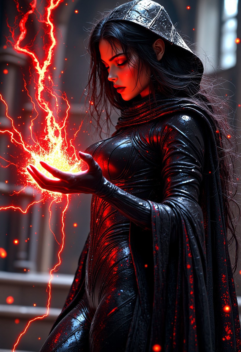 A beautiful woman with red eyes and long black hair, wearing a black fullbody latex suite, shiny latex, casting electric thunder spells from her hands in an attacking pose. The art is in the style of a fantasy style, concept design with a full body shot. hkmagic, masterpiece, best quality, highly detailed, sharp focus, dynamic lighting, mythp0rt