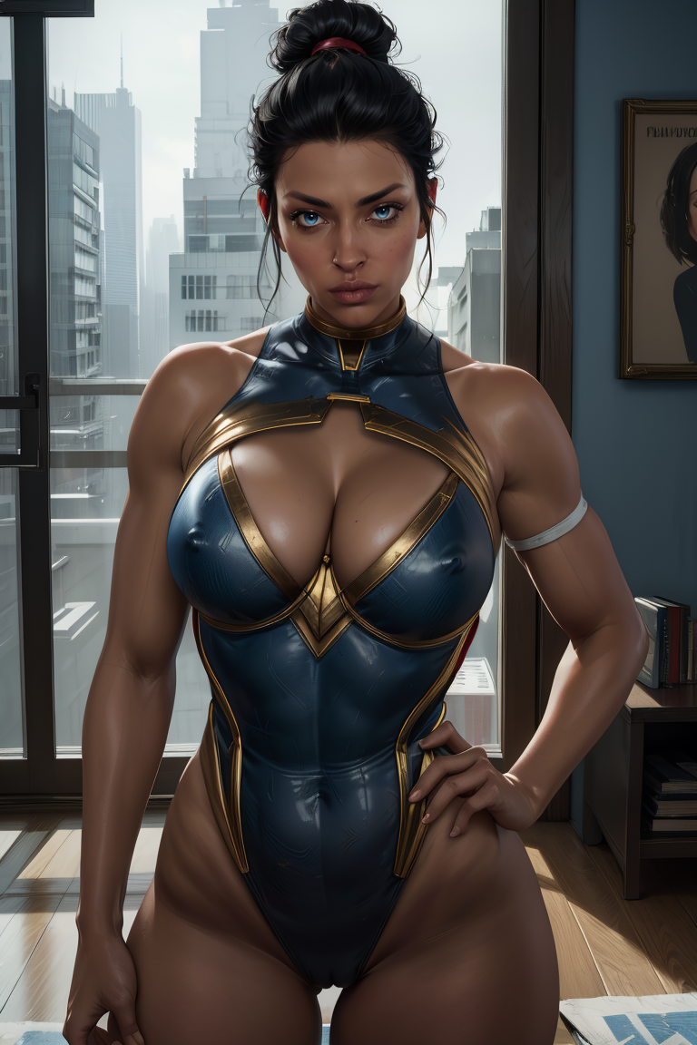 diana,black hair,blue eyes,short hair,hairbun,lips,
leotard,cleavage,hips,
looking at viewer,
science fiction,city,indoors,
(insanely detailed,masterpiece, best quality),solo,<lora:wonderwomanSQ:0.8>,