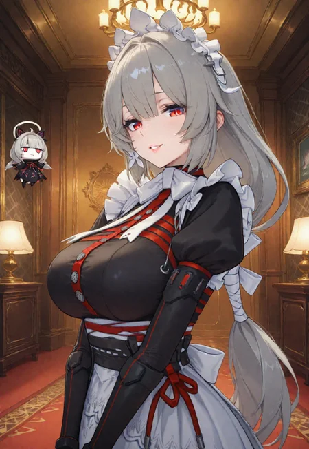 safe_pos, safe_pos, safe_pos, safe_pos, safe_pos, (score_9, score_8_up, score_7_up, score_6_up,) masterpiece, high quality, (best quality:1.1), sharp details, vivid color, cowboy shot, side view, chest focus,
,young lady, 4k, hourglass figure, perfect lips, perfect breasts, <lora:Rina_Alexandrina_Sebastiane_-_Zenless_Zone_Zero_ZZZ__Illustrious:1>
1girl, Alexandrina Sebastiane, solo, grey hair, long hair, multi-colored eyes, red eyes, hair ornaments, breasts,
maid outfit, open dress side, long sleeves, gloves,
floating, looking at viewer, parted lips, lewd smile, peace sign with hands, wink,
mansion, luxury room, luxury sofa, marble wall, detailed background,
