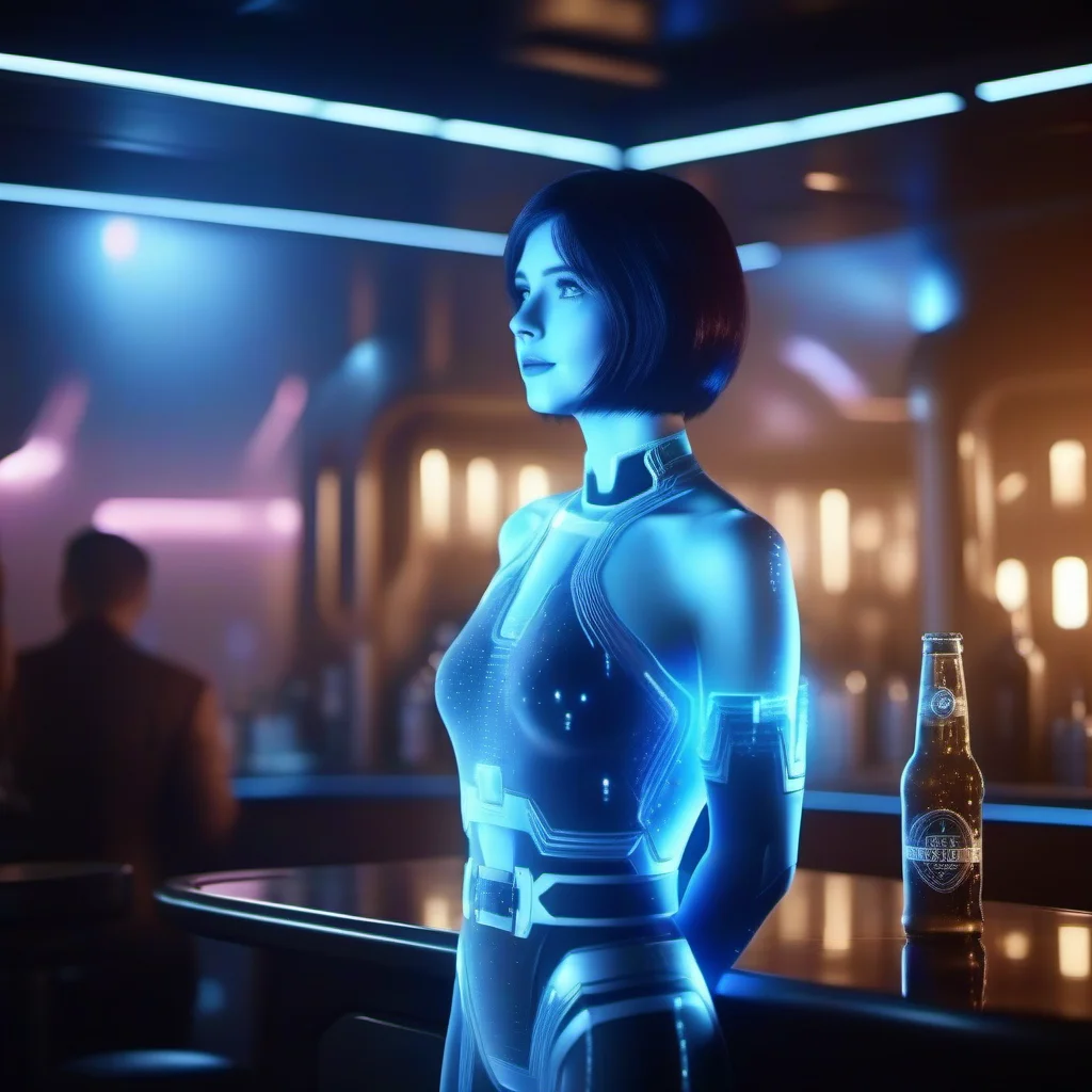 cinematic photo full body portrait 1girl, short hair, blue skin, science fiction, transparent hologram, having a beer in a spaceship pub <lora:Cortana1024:0.8> . 35mm photograph, film, bokeh, professional, 4k, highly detailed