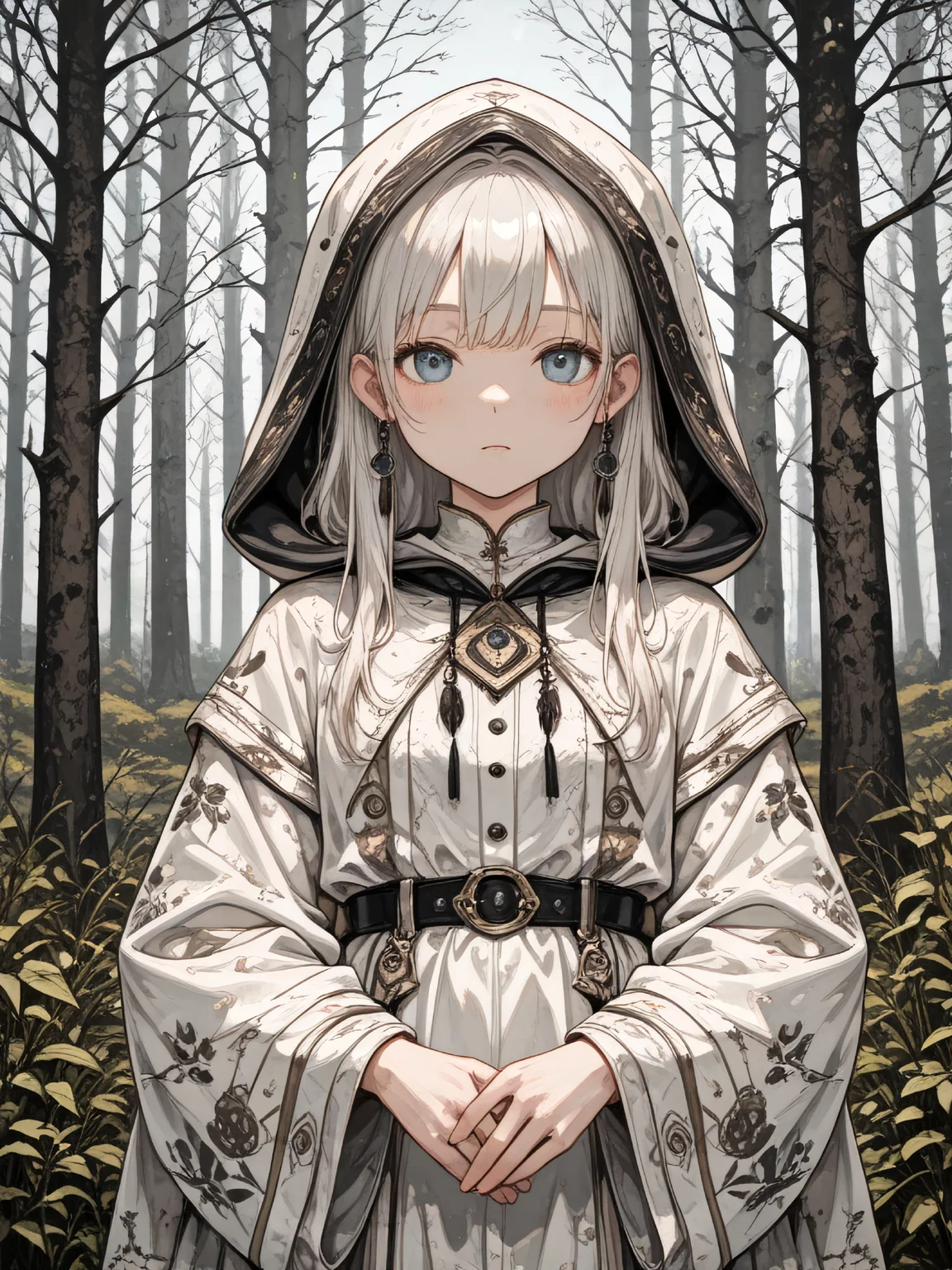 masterpiece, best quality, amazing quality, atmospheric perspective, 1girl, solo, jewelry, hood, white hair, looking at viewer, earrings, blue eyes, own hands together, tree, hood up, floral print, wide sleeves, belt, dress, long sleeves, blush, outdoors, closed mouth, upper body, white tree, expressionless, abstract